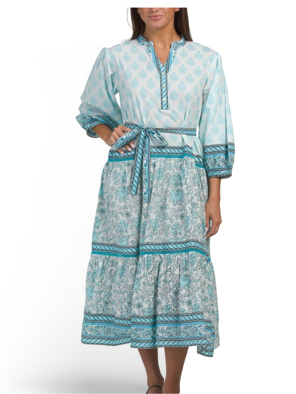 Calypso St. Barth Light Blue & White Printed Midi Dress with Waist Tie